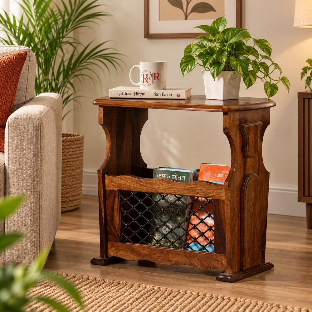 Iron Jali Sheesham Wood Magazine Side Table (Natural Finish)