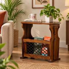 Iron Jali Sheesham Wood Magazine Side Table (Natural Finish)
