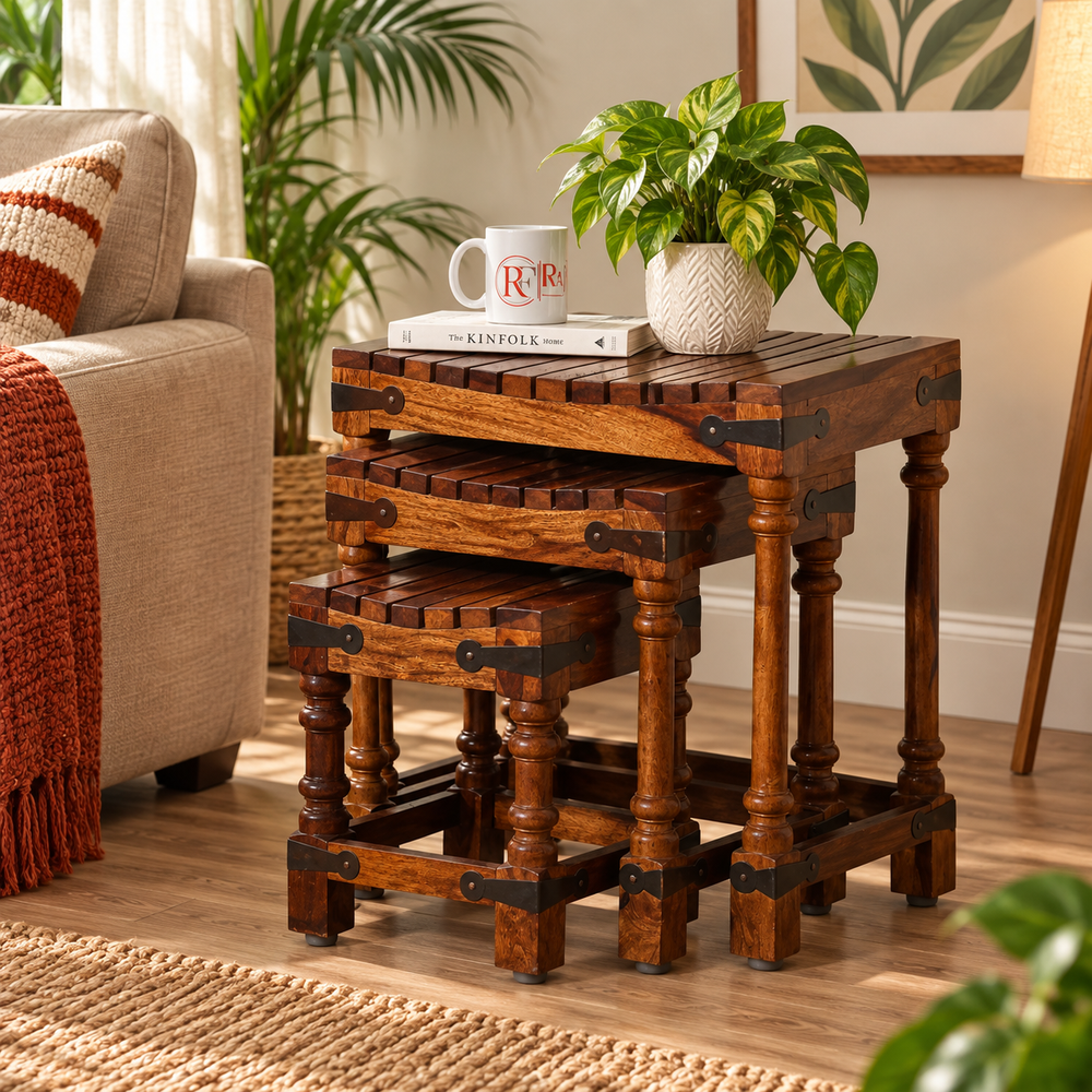 Jeco Sheesham Wood Stripe-Top Nesting Tables (Set of 3, Honey Oak Finish)