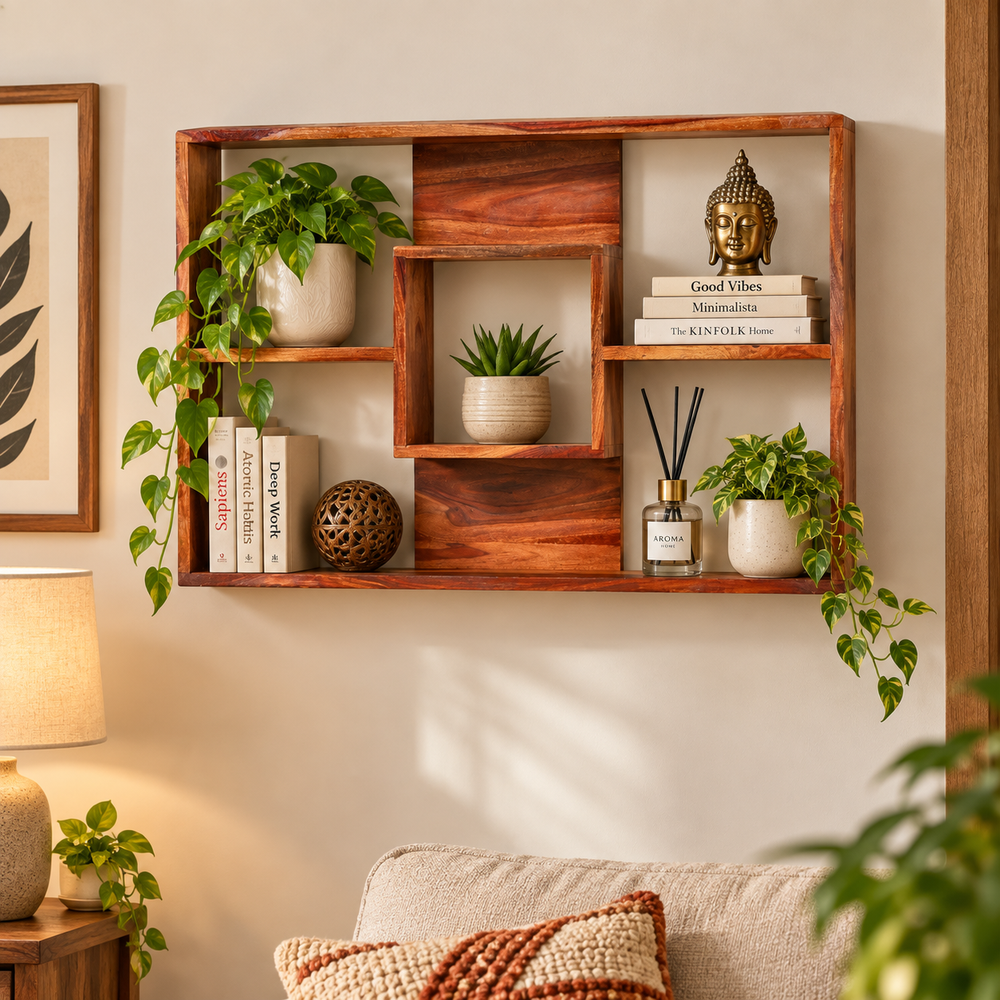 Gracie Sheesham Wood Intersecting Wall Shelves (Natural Finish) - Rajasthali Furniture 