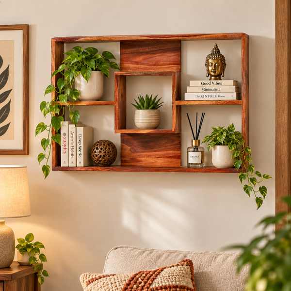 Gracie Sheesham Wood Intersecting Wall Shelves (Natural Finish) - Rajasthali Furniture 