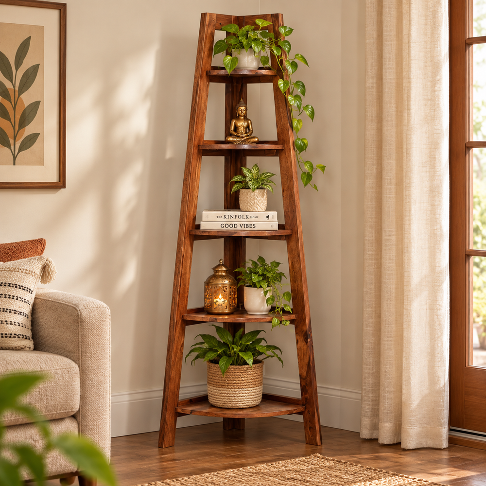 5-Tier Corner Shelf (Natural Finish) - Rajasthali Furniture 
