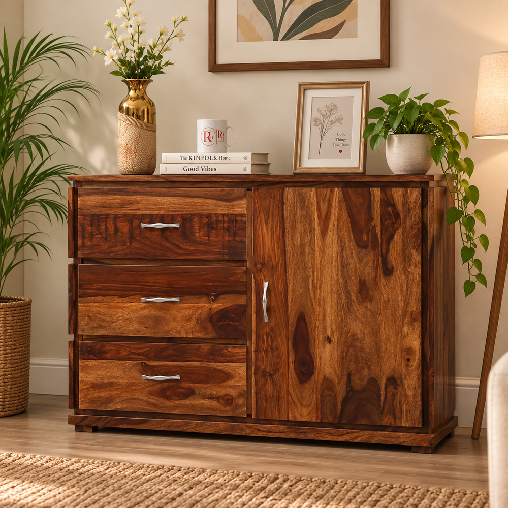Vandyke Sheesham Wood Sideboard with 3 Drawers & Cabinet (Honey Oak Finish)
