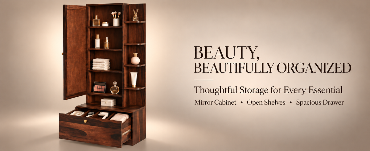 Sheesham Wood Dressing Mirror with Hidden Storage & Drawer (Walnut / Honey Oak)