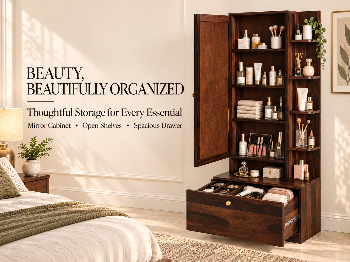 Sheesham Wood Dressing Mirror with Hidden Storage & Drawer (Walnut / Honey Oak)