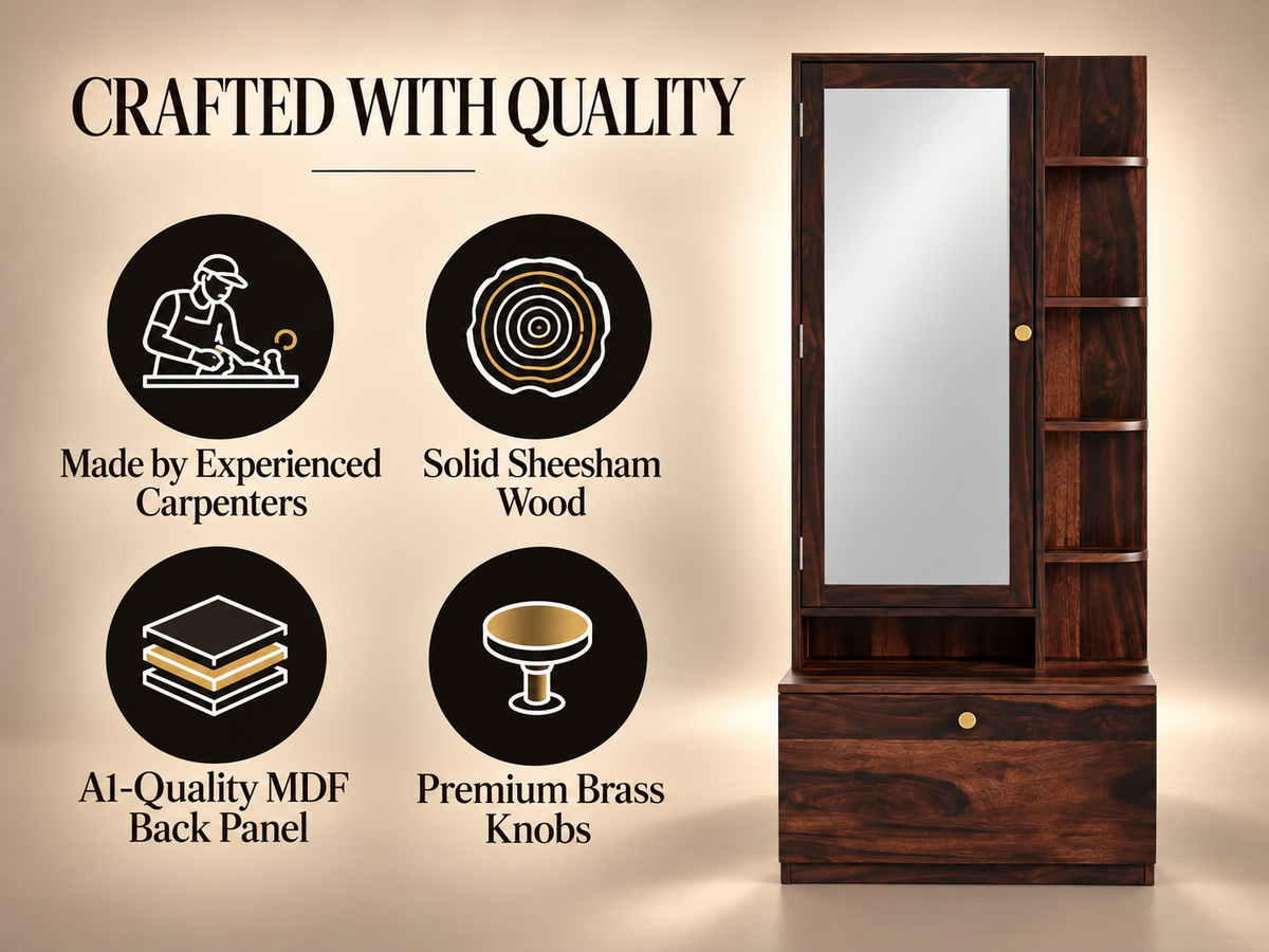 Sheesham Wood Dressing Mirror with Hidden Storage & Drawer (Walnut / Honey Oak)