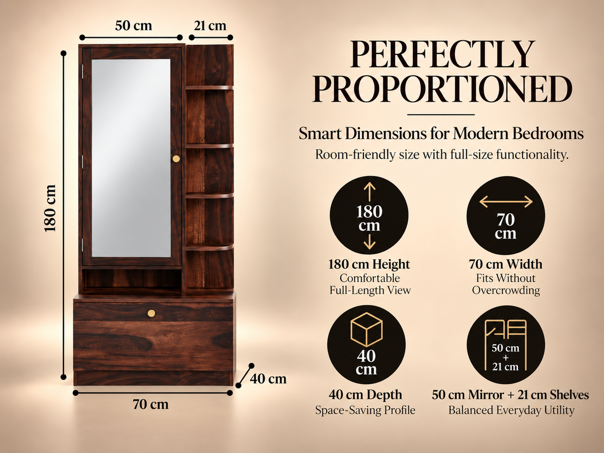 Sheesham Wood Dressing Mirror with Hidden Storage & Drawer (Walnut / Honey Oak)