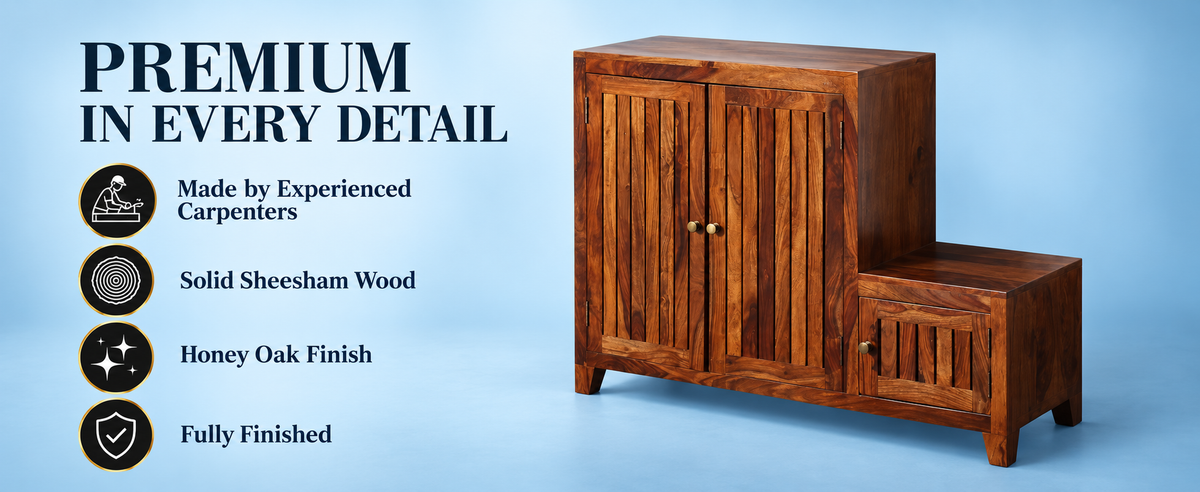 Frill Sheesham Wood Shoe Rack with Seat (Honey Oak Finish)