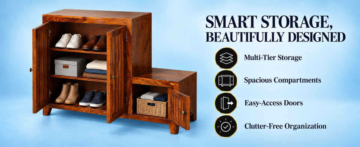 Frill Sheesham Wood Shoe Rack with Seat (Honey Oak Finish)