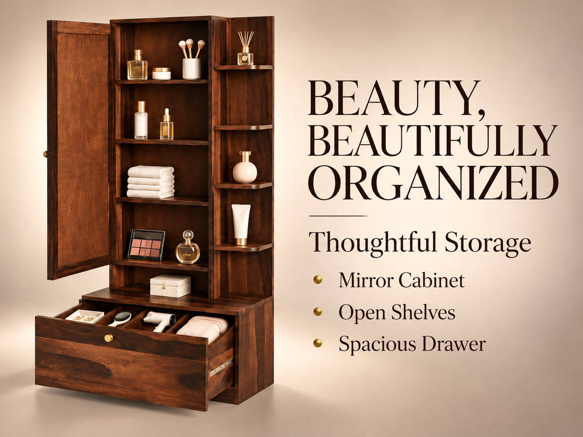 Sheesham Wood Dressing Mirror with Hidden Storage & Drawer (Walnut / Honey Oak)