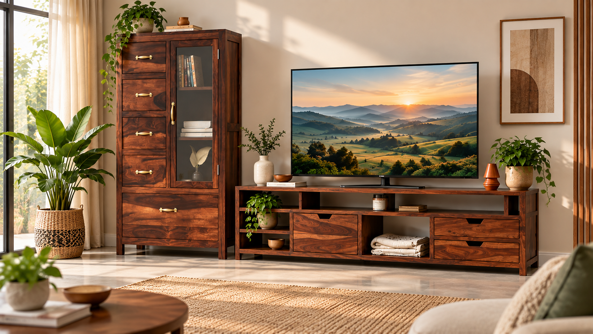 Solid Sheesham wood TV unit and storage cabinet in a modern living room – Rajasthali Furniture