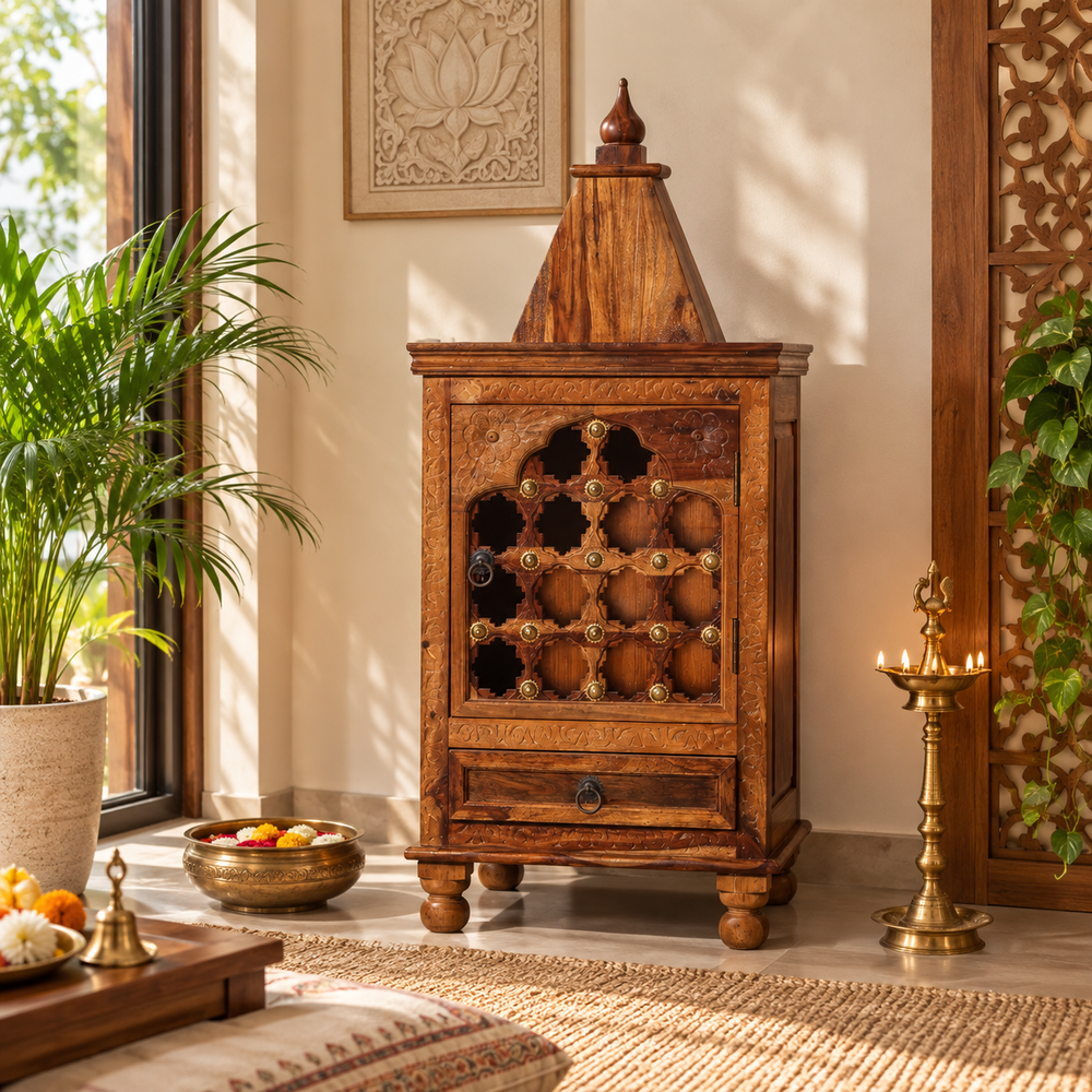 Dham Sheesham Wood Mandir with Door & Drawer (Honey Oak Finish)