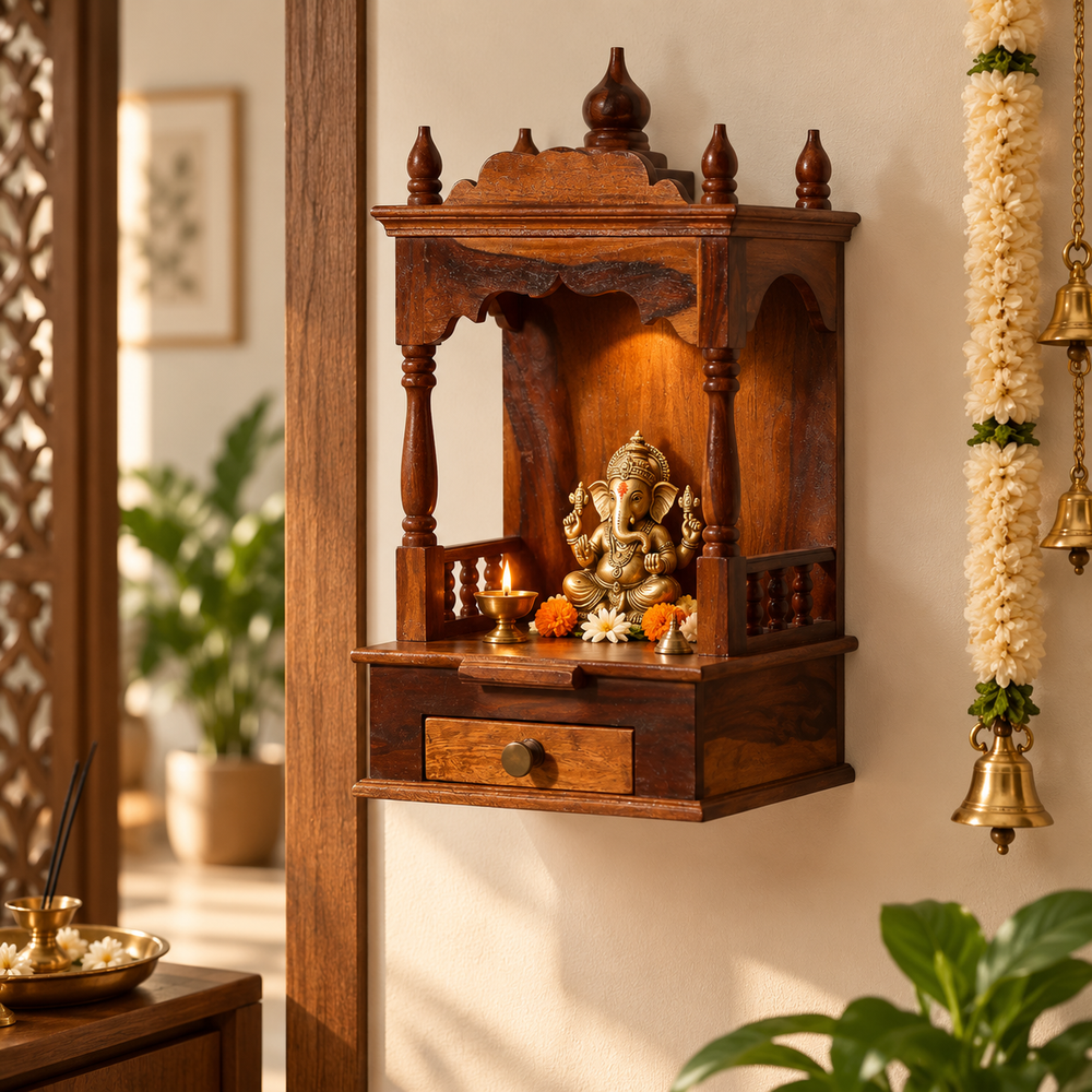 Sunak Sheesham Wood Wall Mandir with Shelf & Drawer (Honey Oak Finish)
