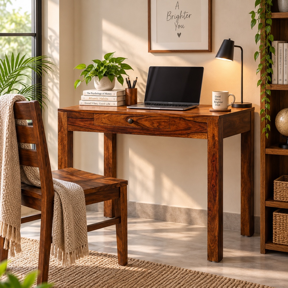 Adom Sheesham Wood Study Table with 1 Drawer (Honey Oak Finish) - Rajasthali Furniture 