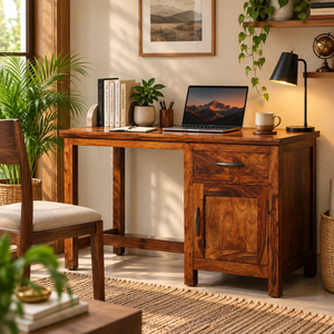 Okvist Sheesham Wood Study Table with Drawer & Cabinet (Honey Oak Finish) - Rajasthali Furniture 