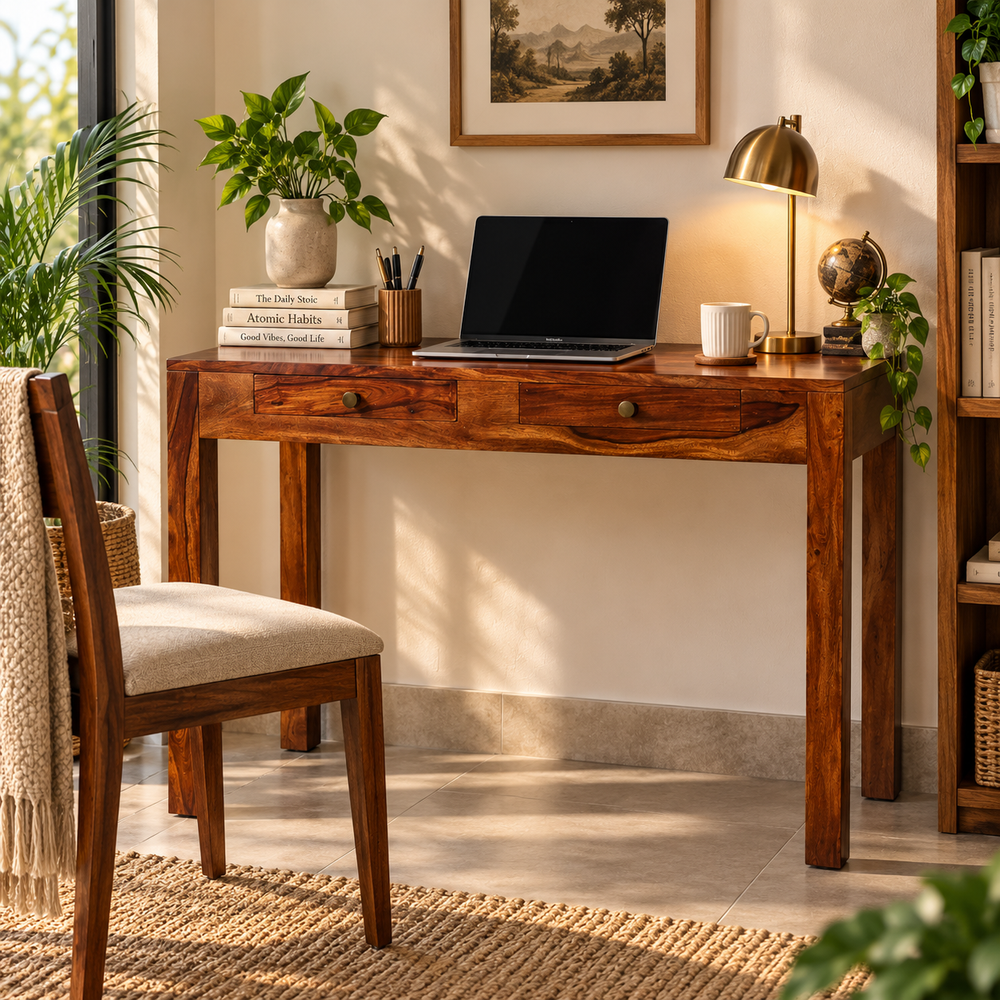 Sticky Sheesham Wood Study Table with 2 Drawers (Honey Oak Finish) - Rajasthali Furniture 
