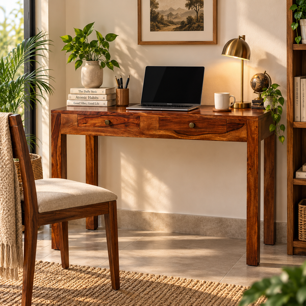 Sticky Sheesham Wood Study Table with 2 Drawers (Honey Oak Finish)