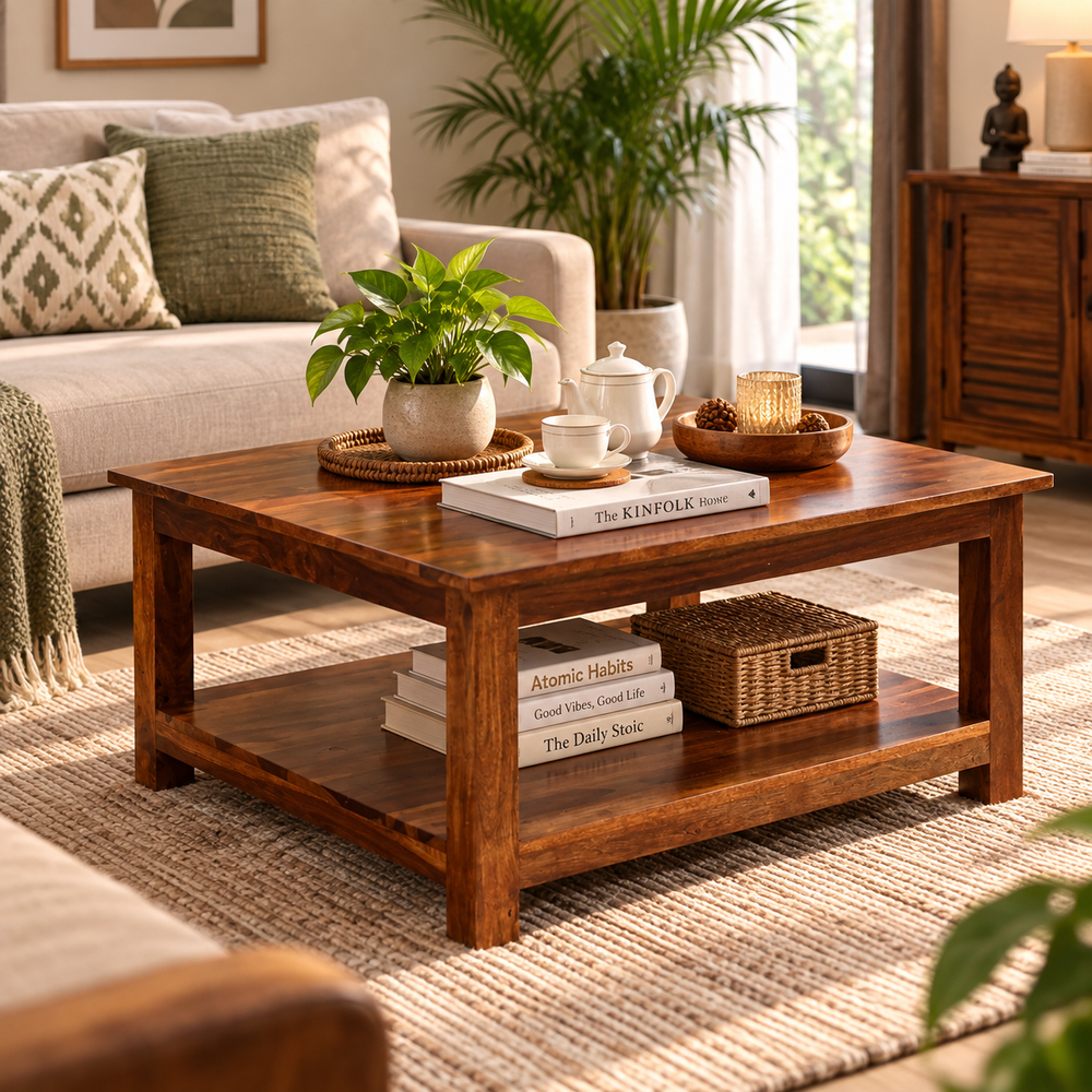Marche Sheesham Wood Square Coffee Table (Honey Oak Finish)