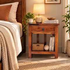 Yeon Sheesham Wood Bedside Table with 1 Drawer (Honey Oak Finish)