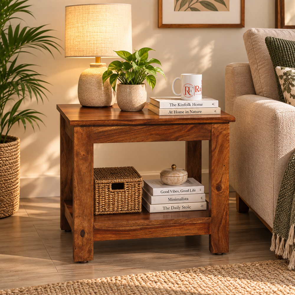 Sheesham Wood Plain-Top Side Table (Natural Finish)