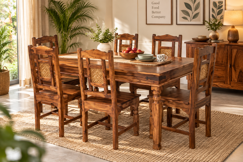 Snazzy Sheesham Wood Dining Set (6 Seater, Natural Finish)
