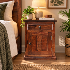 Rossburn Sheesham Wood Bedside Table with Drawer & Cabinet (Honey Oak Finish)