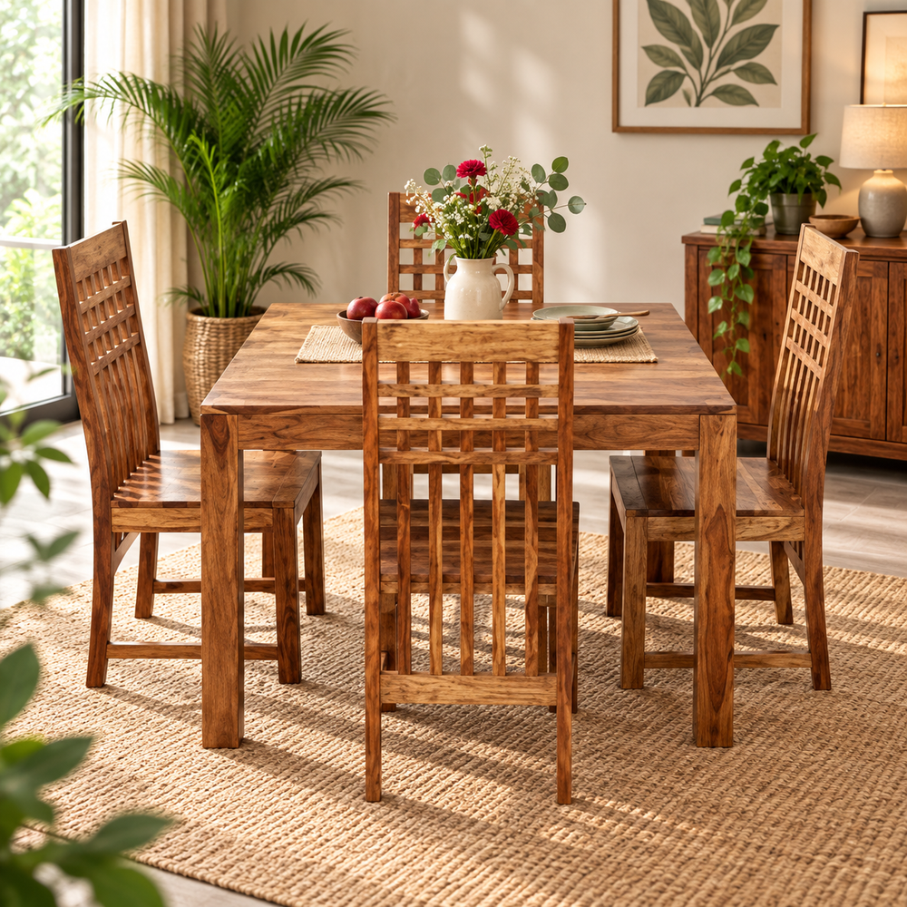 Frisk Sheesham Wood Dining Set (4 Seater, Natural Finish)