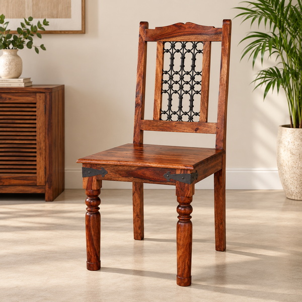 Wildomar Sheesham Wood Iron Jali Dining Chair (Honey Oak Finish)