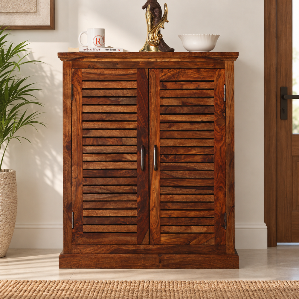 Haze Sheesham Wood 2-Door Shoe Rack (Honey Oak Finish) - Rajasthali Furniture 
