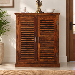 Haze Sheesham Wood 2-Door Shoe Rack (Honey Oak Finish) - Rajasthali Furniture 