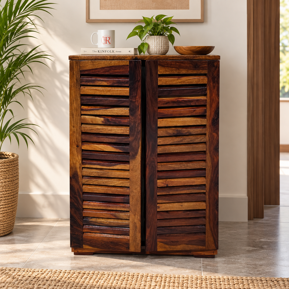 Sheesham Wood 3-Shelf Shoe Cabinet (Medium, Honey Finish) - Rajasthali Furniture 