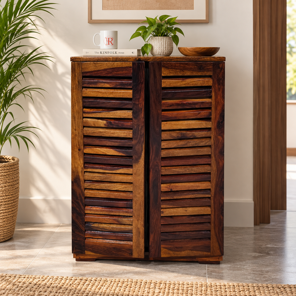 Sheesham Wood 3-Shelf Shoe Cabinet (Medium, Honey Finish) - Rajasthali Furniture 