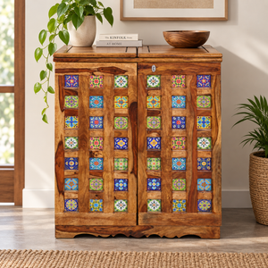 Reidville Sheesham Wood 2-Door Bar Cabinet (Honey Oak Finish) - Rajasthali Furniture 