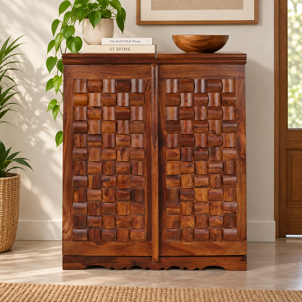 Reidville Sheesham Wood Folding Bar Unit (Honey Oak Finish) - Rajasthali Furniture 