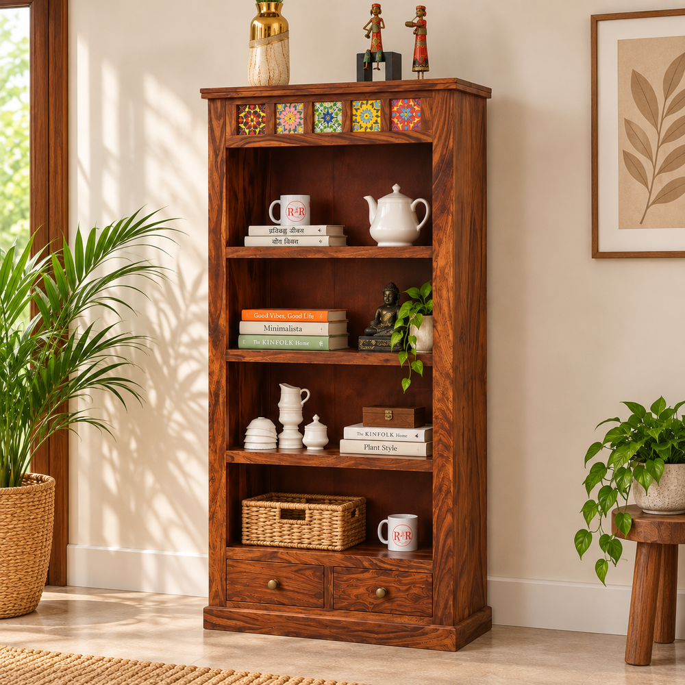 Opus Sheesham Wood Bookshelf with 2 Drawers (Honey Oak Finish) - Rajasthali Furniture 