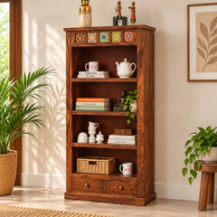 Opus Sheesham Wood Bookshelf with 2 Drawers (Honey Oak Finish) - Rajasthali Furniture 