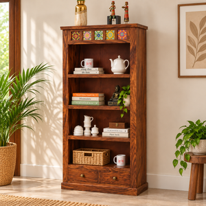 Opus Sheesham Wood Bookshelf with 2 Drawers (Honey Oak Finish) - Rajasthali Furniture 