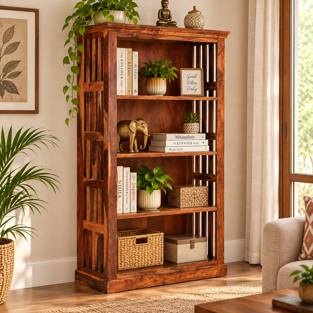 Solid Wood Jali Bookcase (Natural Finish) - Rajasthali Furniture 