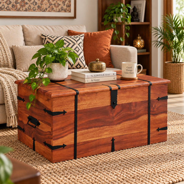 Pomona Sheesham Wood Storage Trunk with Lock (Honey Oak / Walnut) - Rajasthali Furniture 