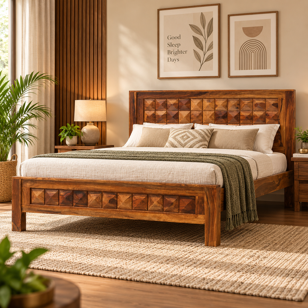 Diamond Sheesham Wood Bed Without Storage (Queen Size, Honey Oak Finish)