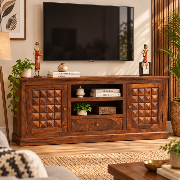 Astor Sheesham Wood Diamond TV Unit with 2 Doors & Drawer (Honey Oak Finish) - Rajasthali Furniture 