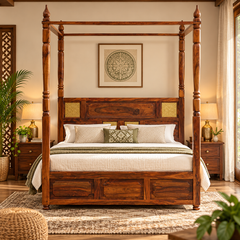 Four-Poster Sheesham Wood Bed with Box Storage (King Size, Natural Finish) - Rajasthali Furniture 