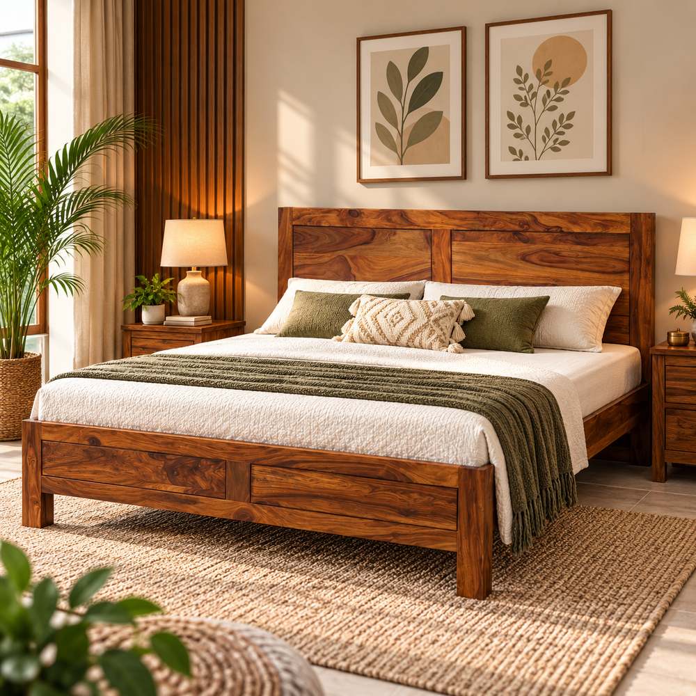 Helios Sheesham Wood Bed Without Storage (Queen Size, Honey Oak Finish)