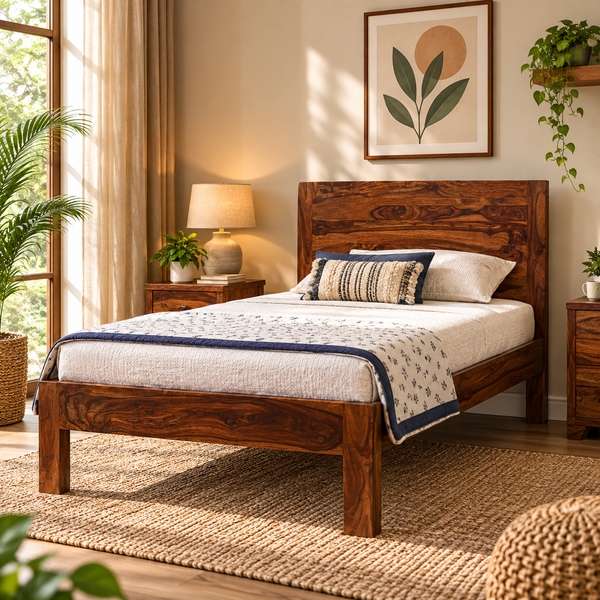 Helios Sheesham Wood Bed Without Storage (Single, Honey Oak Finish)