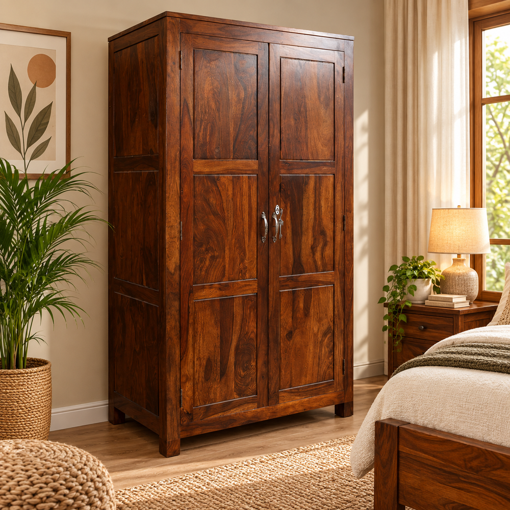 Arizona Sheesham Wood 2-Door Wardrobe (Honey Oak Finish)