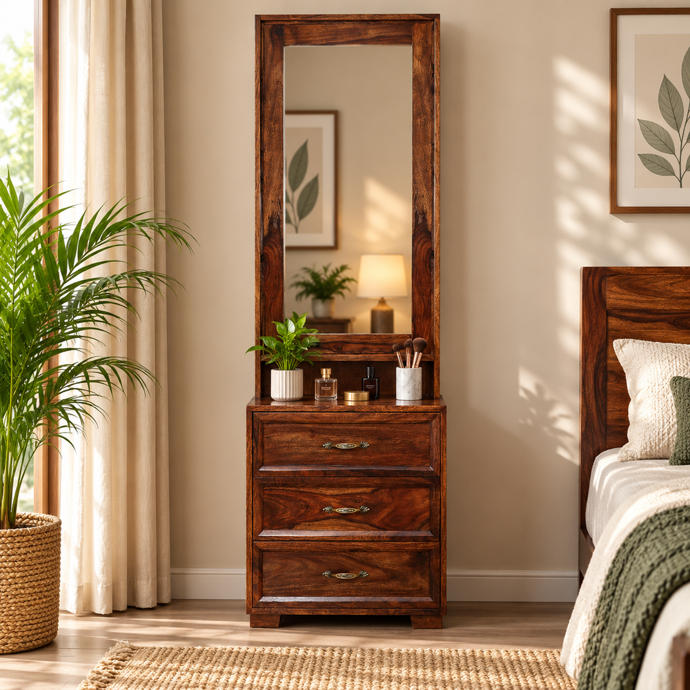 Camille Sheesham Wood Dressing Mirror with Hidden Storage (Honey Oak Finish)