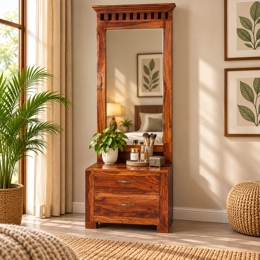 Livia Solid Wood Dressing Table with 2 Drawers (Honey Oak Finish)