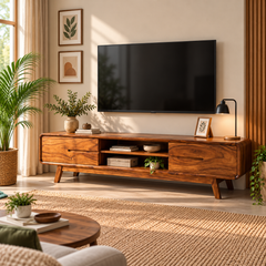 Sheesham Wood TV Unit with 2 Doors & 2 Open Shelves (Natural Finish)