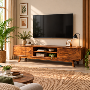 Sheesham Wood TV Unit with 2 Doors & 2 Open Shelves (Natural Finish)