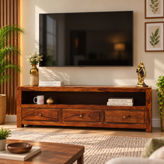 Trent Sheesham Wood TV Unit with 3 Drawers & Shelf (Honey Oak Finish) - Rajasthali Furniture 